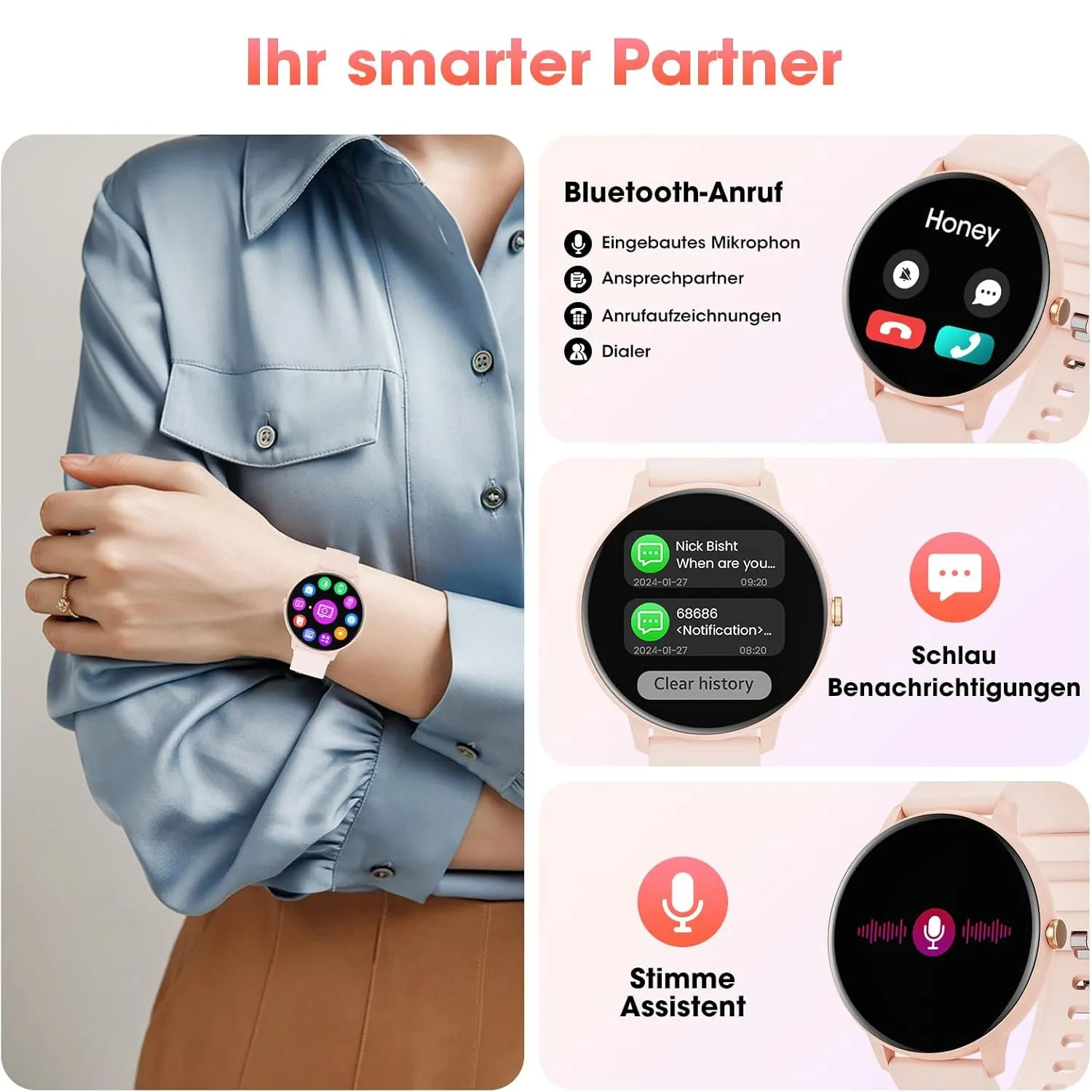 Montre Connectée Femme Ronde Rose – Image 3