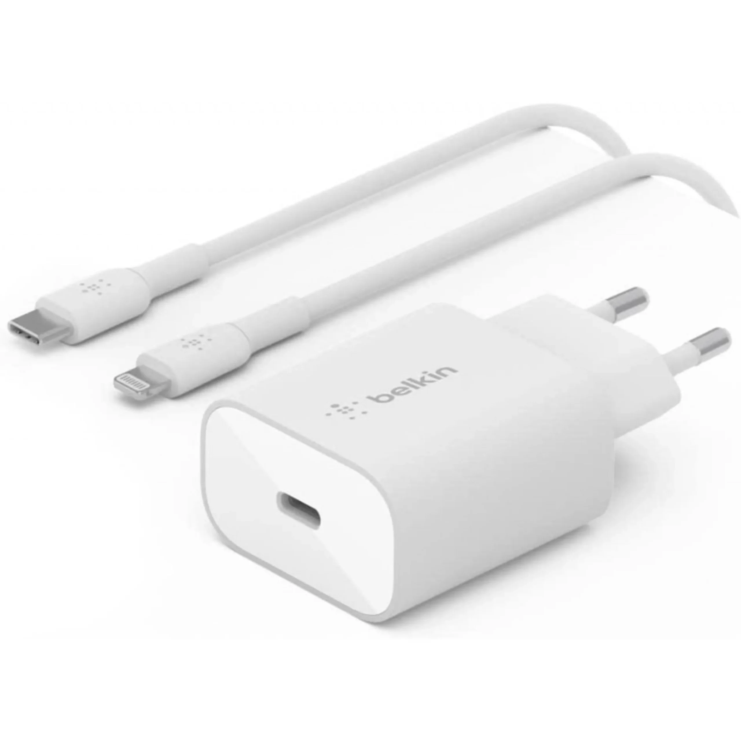 PACK CHARGEUR SECTEUR RAPIDE USB-C 25W PD ET PPS + CABLE USB-C VERS LIGHTNING MFI 1M BLANCS – BELKIN