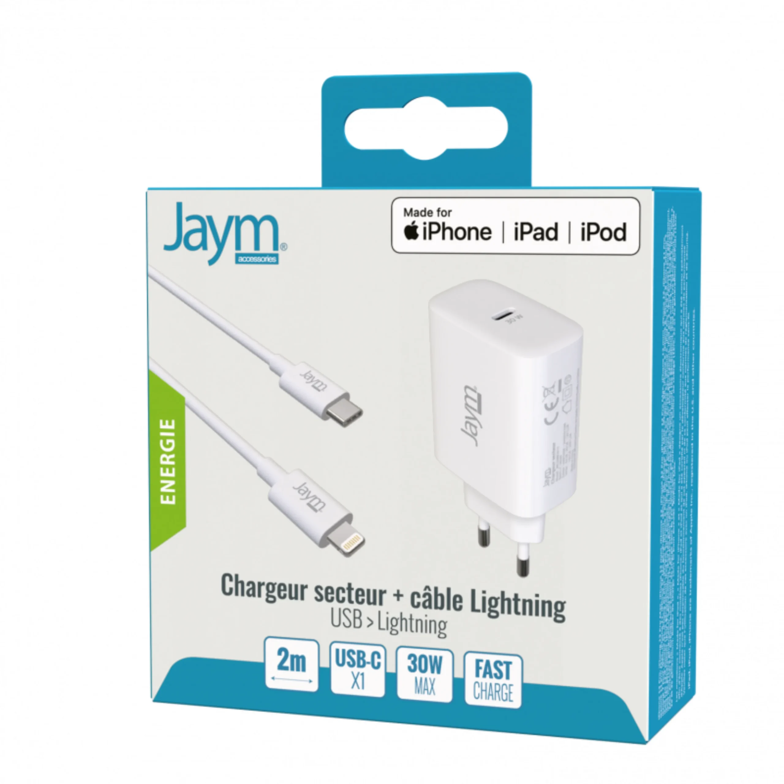 PACK CHARGEUR SECTEUR RAPIDE USB-C 30W PD ET PPS + CABLE USB-C VERS LIGHTNING MFI 2M BLANCS – JAYM®