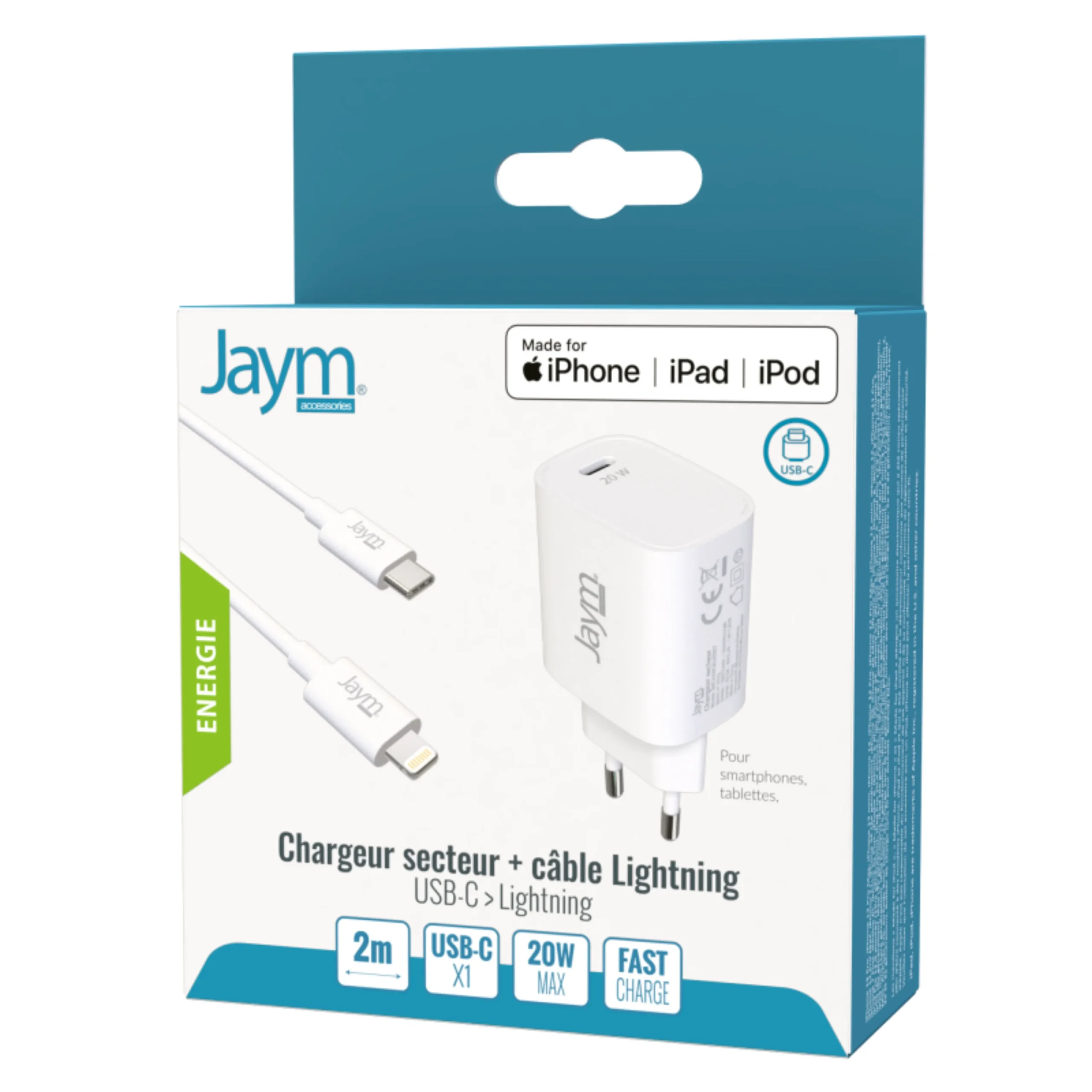 PACK CHARGEUR SECTEUR RAPIDE USB-C 20W PD ET PPS + CABLE USB-C VERS LIGHTNING MFI 2M BLANCS – JAYM®