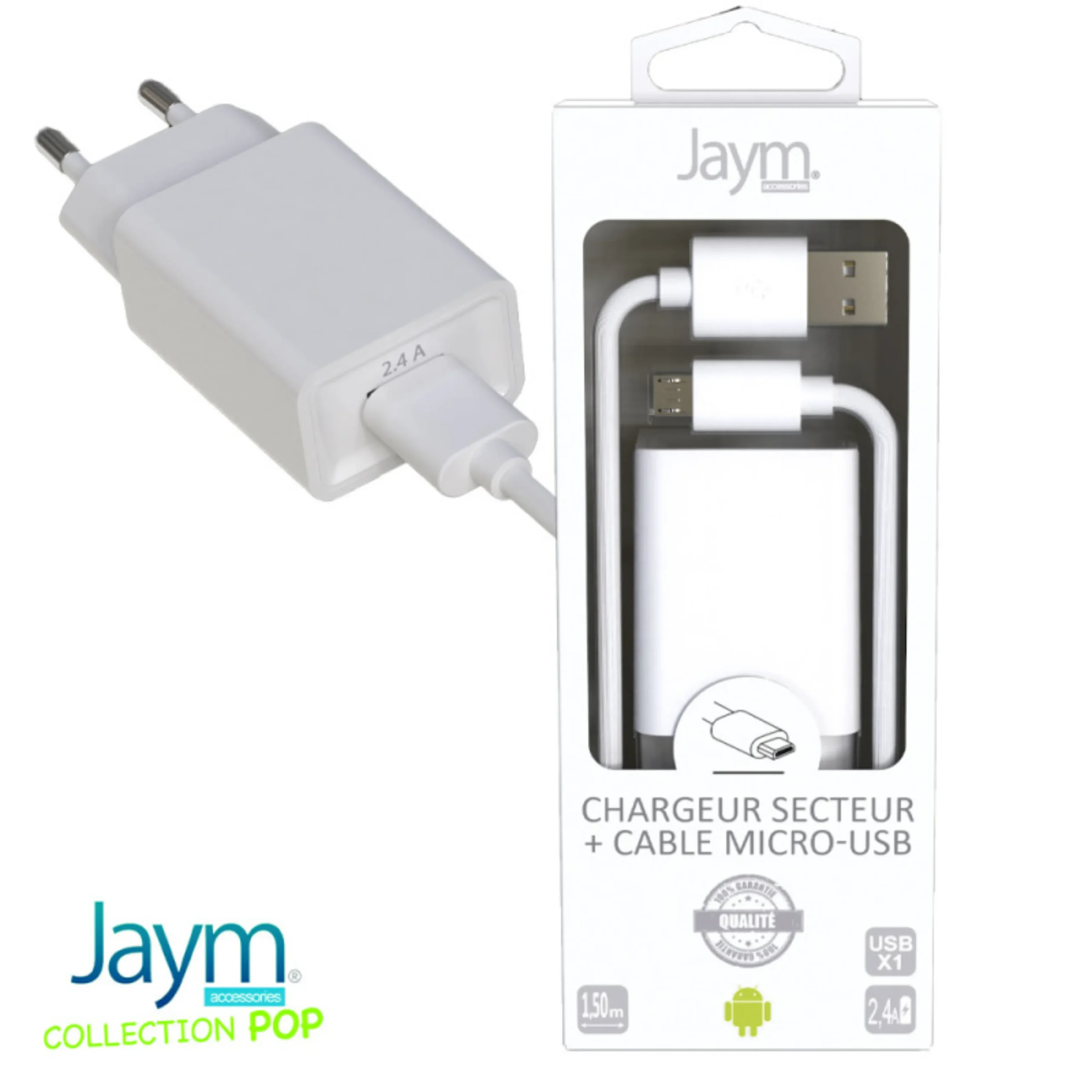 PACK CHARGEUR SECTEUR 1 USB 2.4A + CABLE USB VERS MICRO-USB 1.5M BLANCS – JAYM® COLLECTION POP