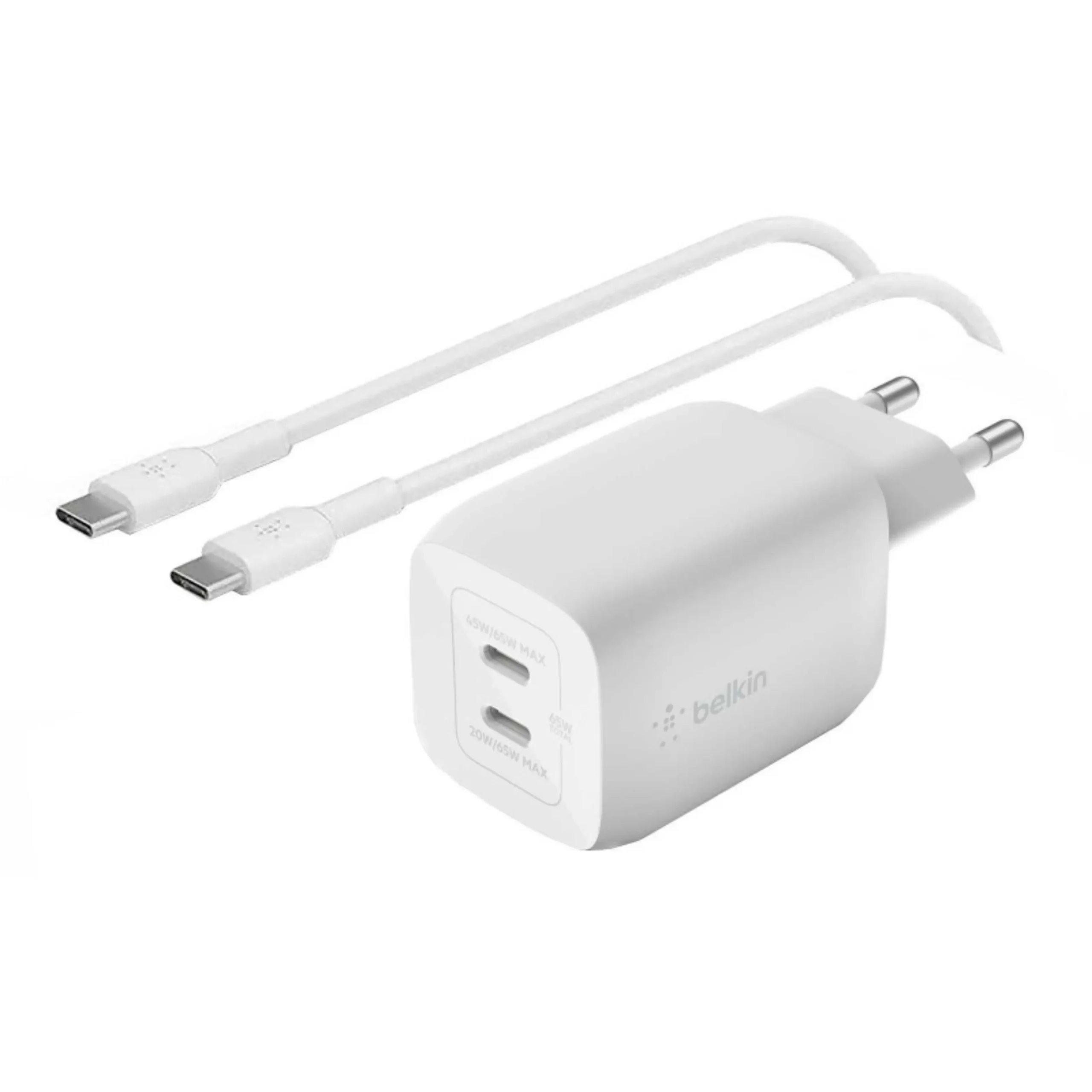 CHARGEUR SECTEUR RAPIDE DOUBLE USB-C GAN 65W PD ET PPS (USB-C PD 20W + USB-C PD 45W) + CABLE 2M USB-C VERS USB-C BLANCS